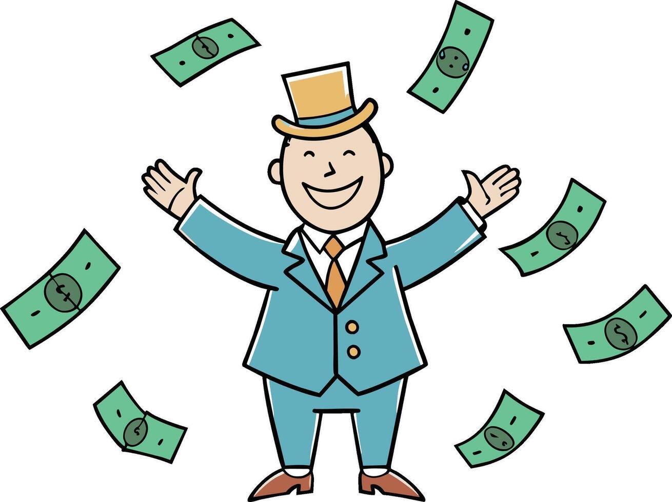 Illustration of a happy businessman wearing a top hat and holding a pile of money vector