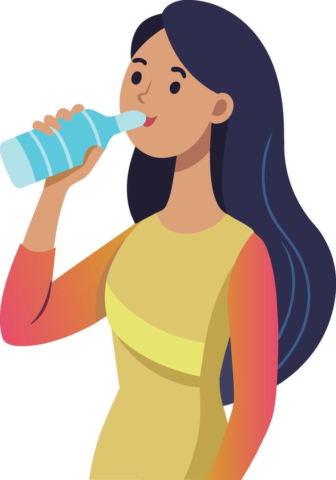 joven mujer es sediento y bebidas agua vector