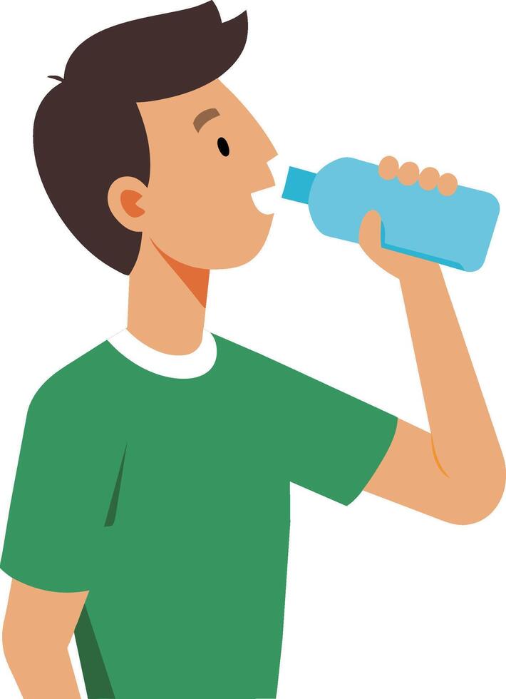 A young man drinks water from a bottle vector