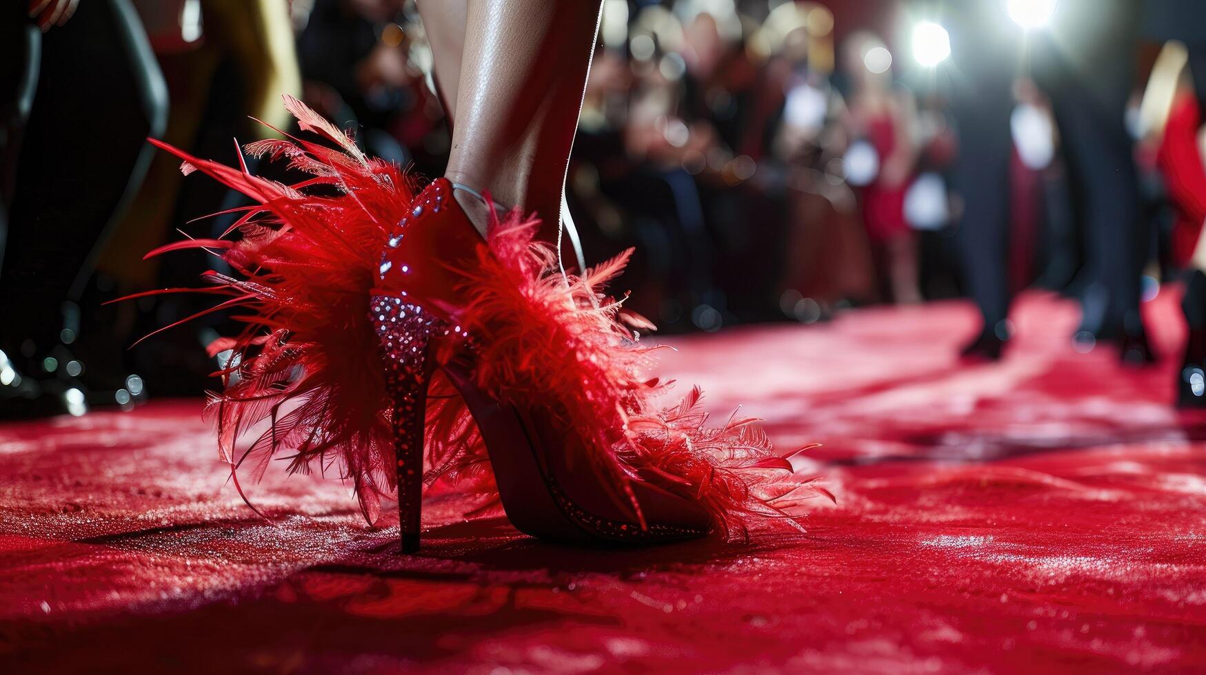 ai generado glamour soltado plumado zapatillas brillar en el rojo alfombra foto