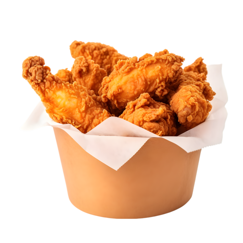 ai generado frito pollo en papel Cubeta en transparente antecedentes png imagen