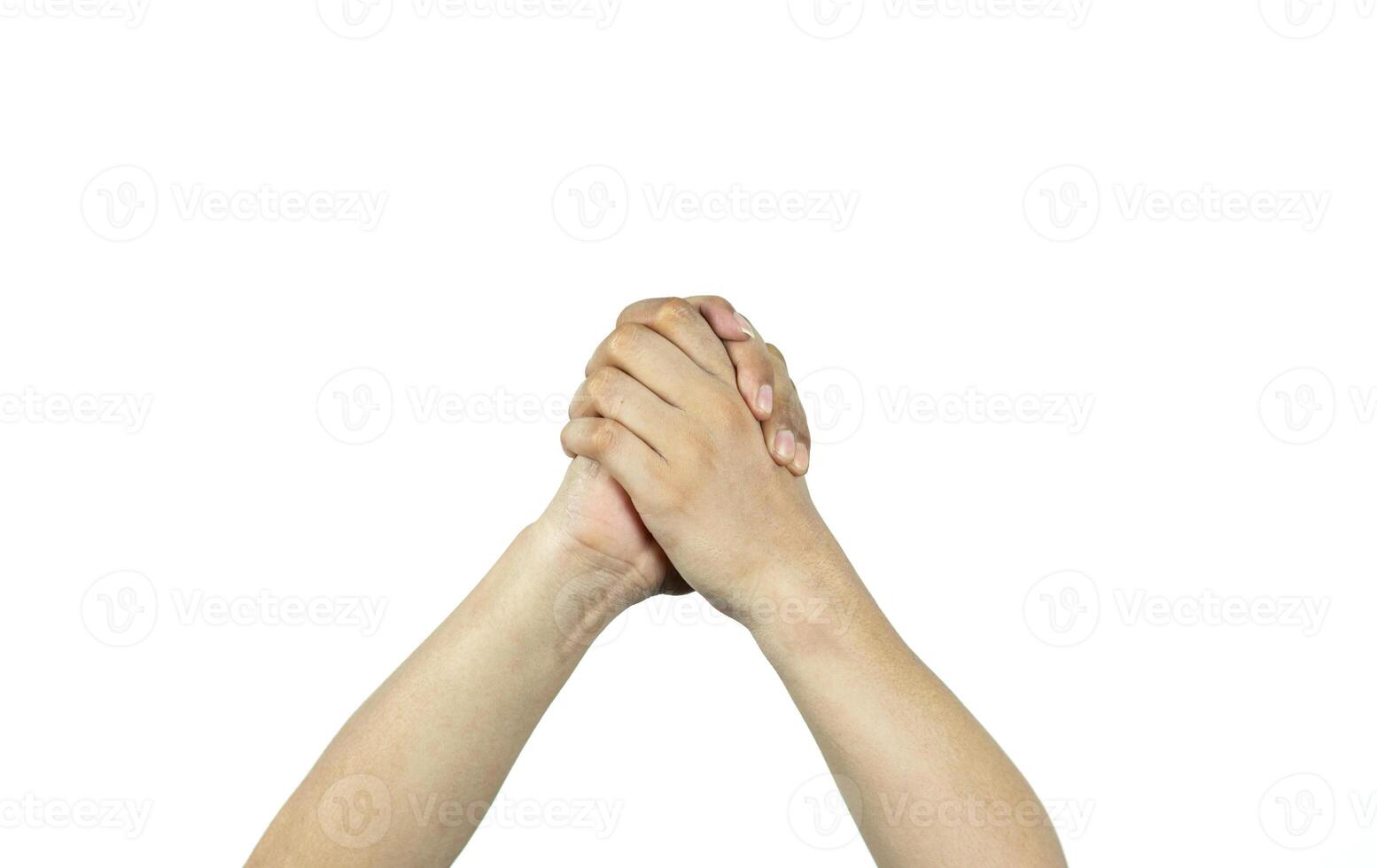 Hands clasped. Man's hand gesture isolated on white background photo