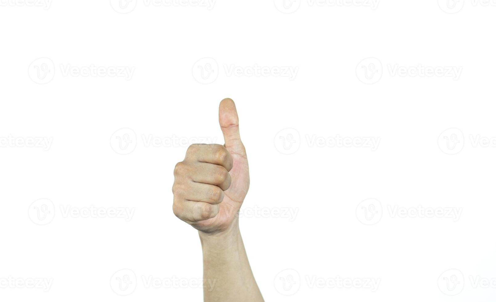masculino mano con un elevado pulgar en un blanco antecedentes foto