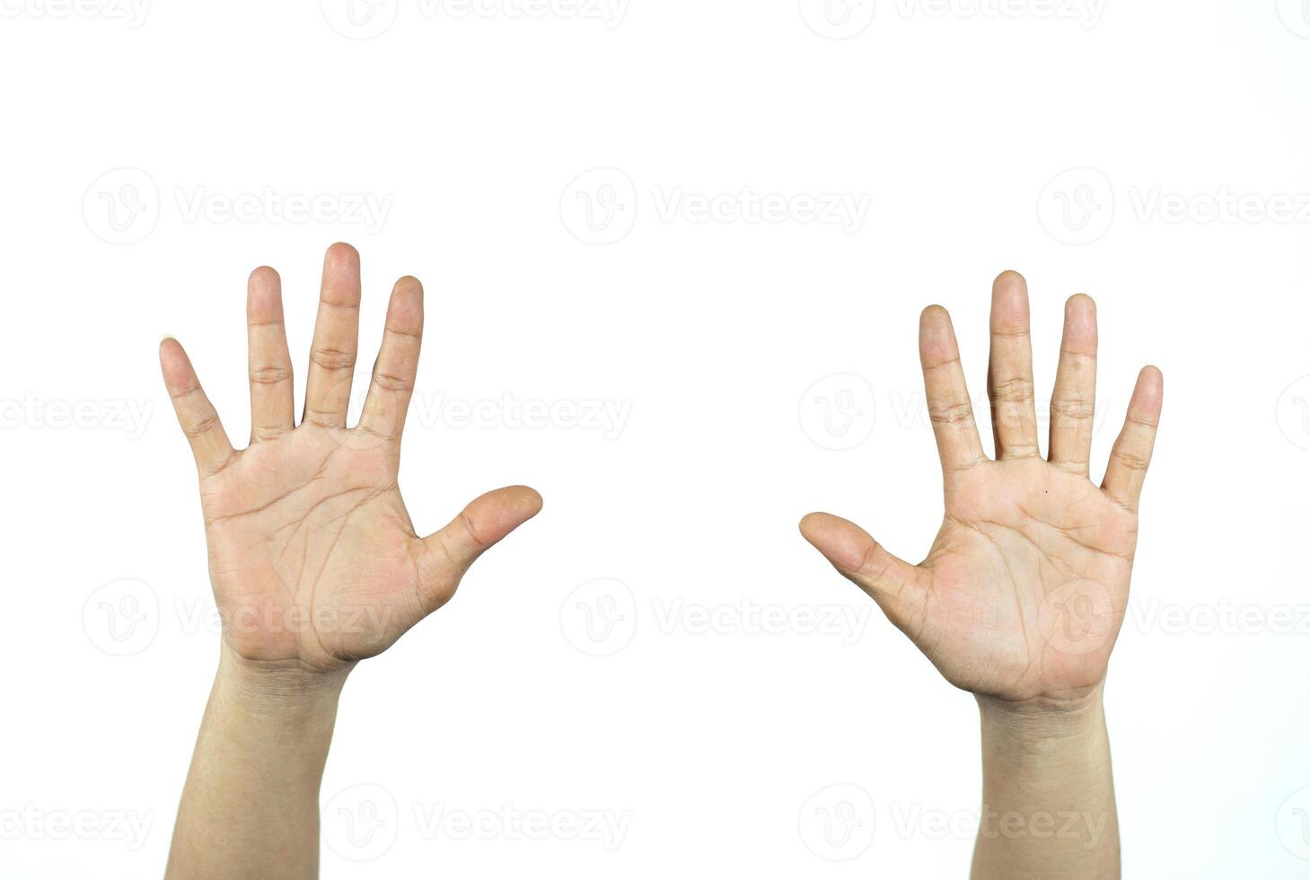 two raised men's hands isolated on white background photo