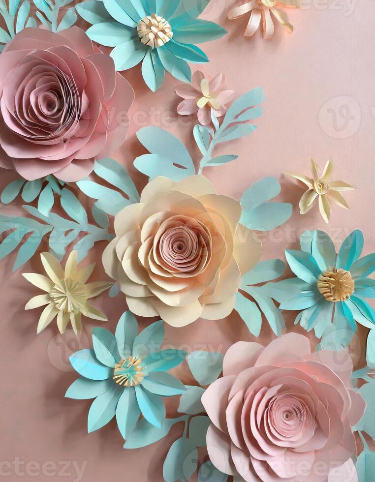 AI generated Background, paper cut, abstract, minimalism, aesthetic, pastel colors, flowers photo