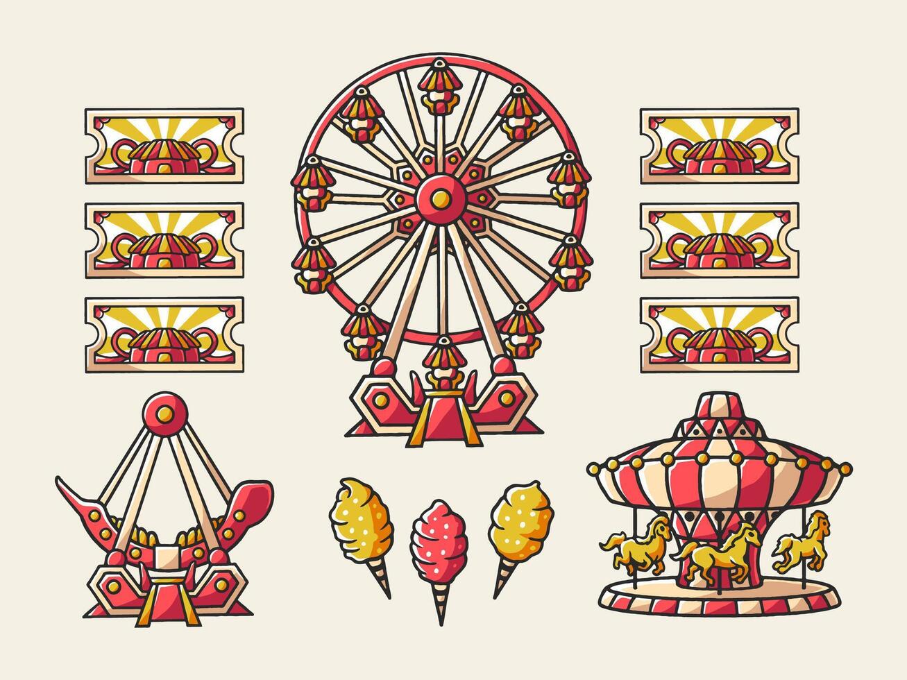 A set of amusement park items and rides vector