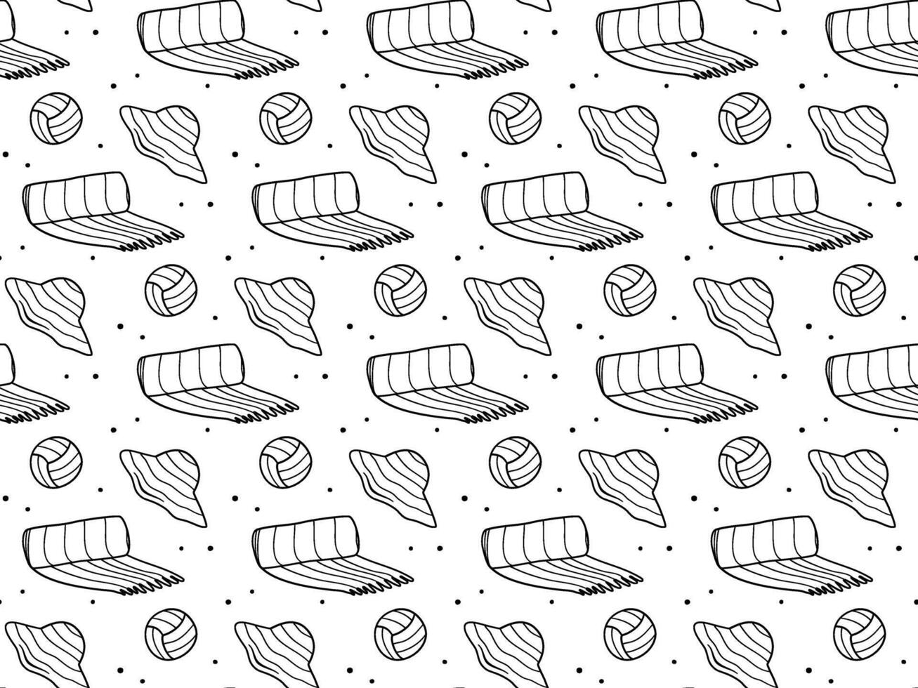 Doodle picnic seamless pattern with hat, ball, towel. Vector summer background of relax time