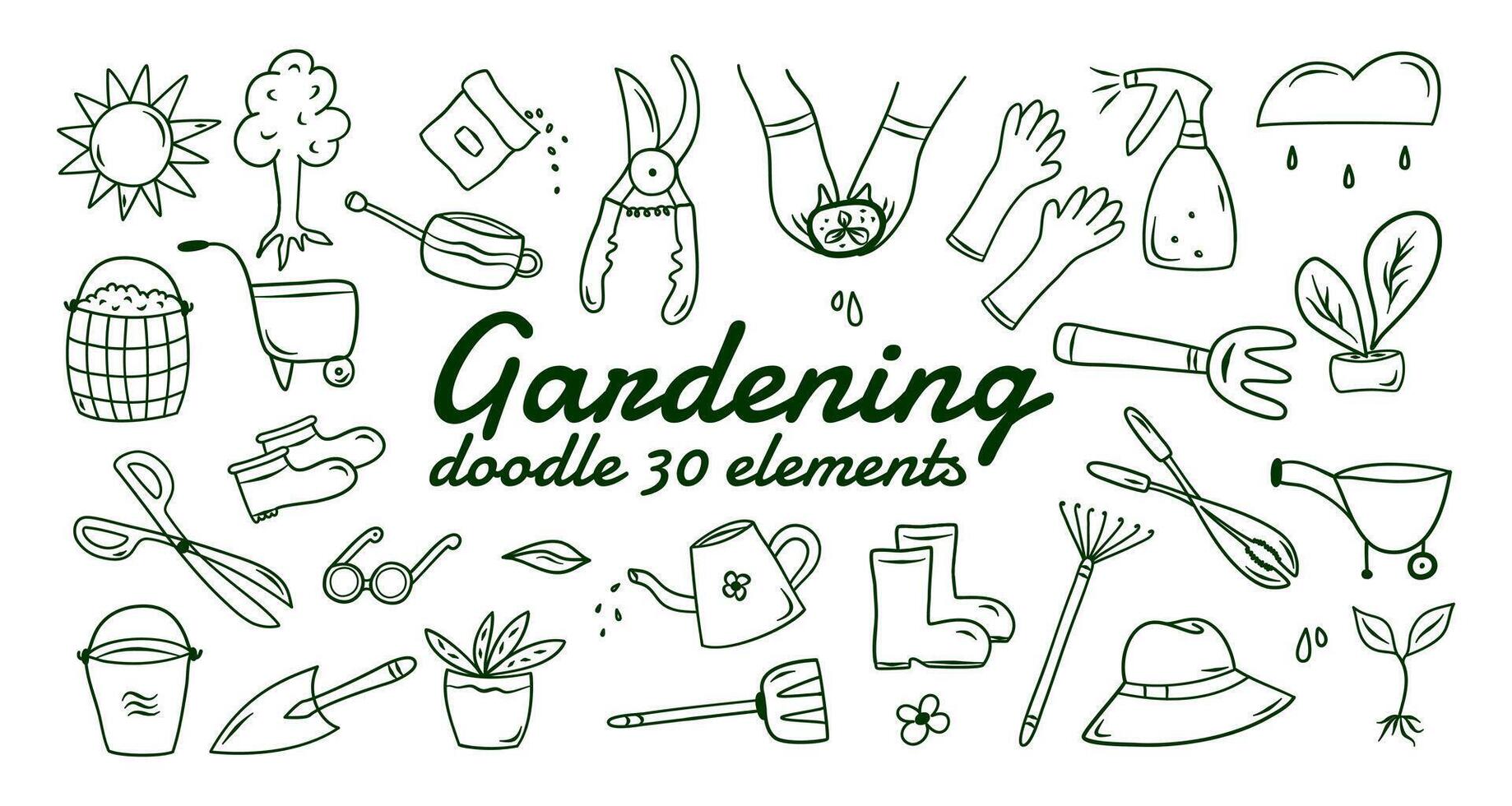 Doodle garden vector set with tools, agriculture, equipment, harvest. Hand drawn icons of gardening on white background. Sketches for use in design