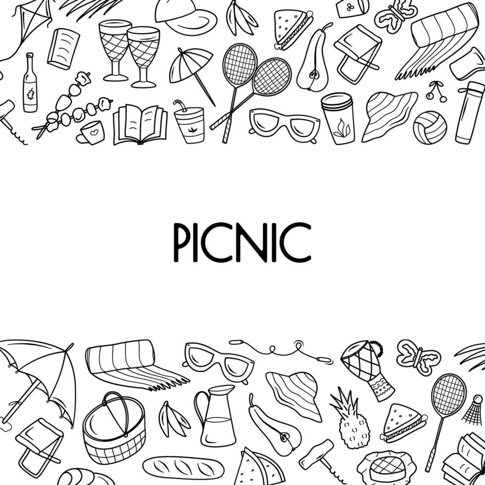 Banner with picnic doodle elements with free place for text on white background. Summer hand drawn barbecue theme vector