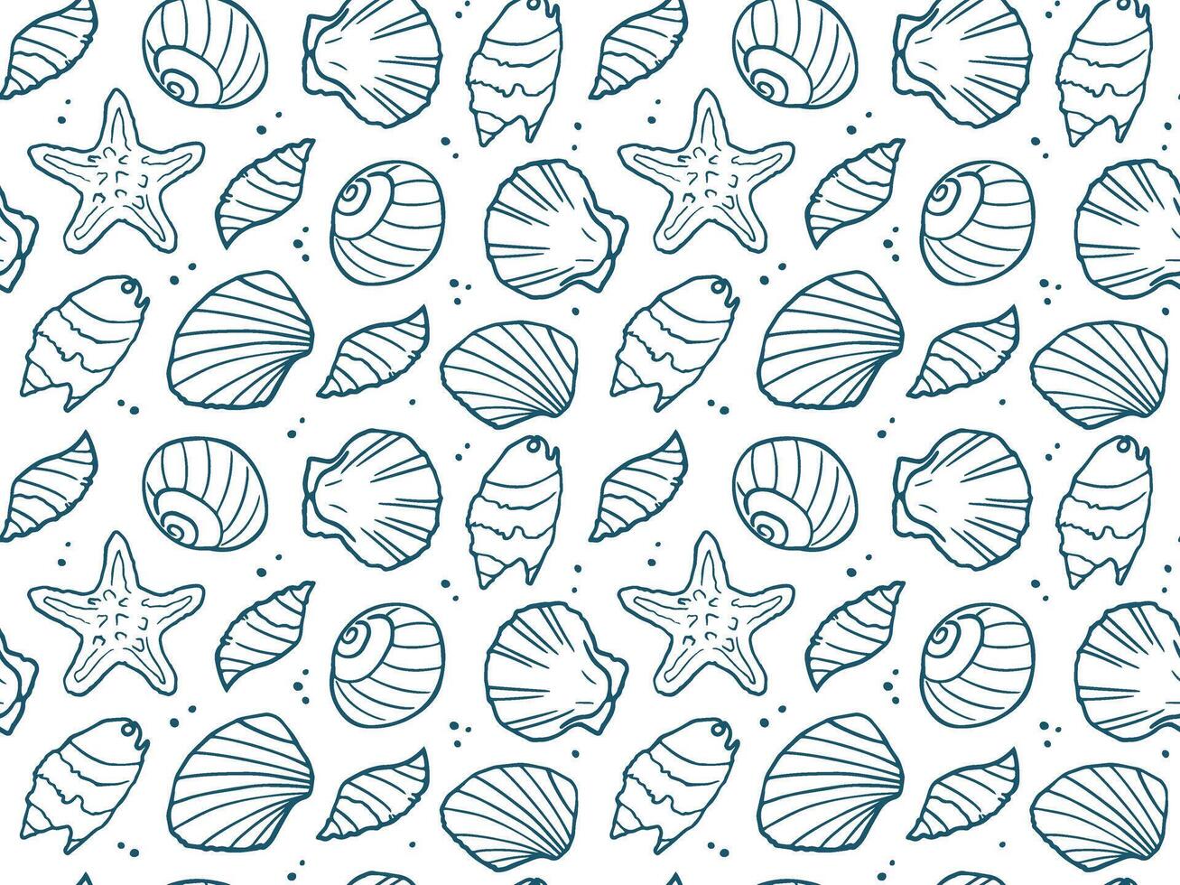 Doodle seashell seamless pattern. Vector background of tropical sea and ocean elements, shells, starfish. Doodles of marine life.