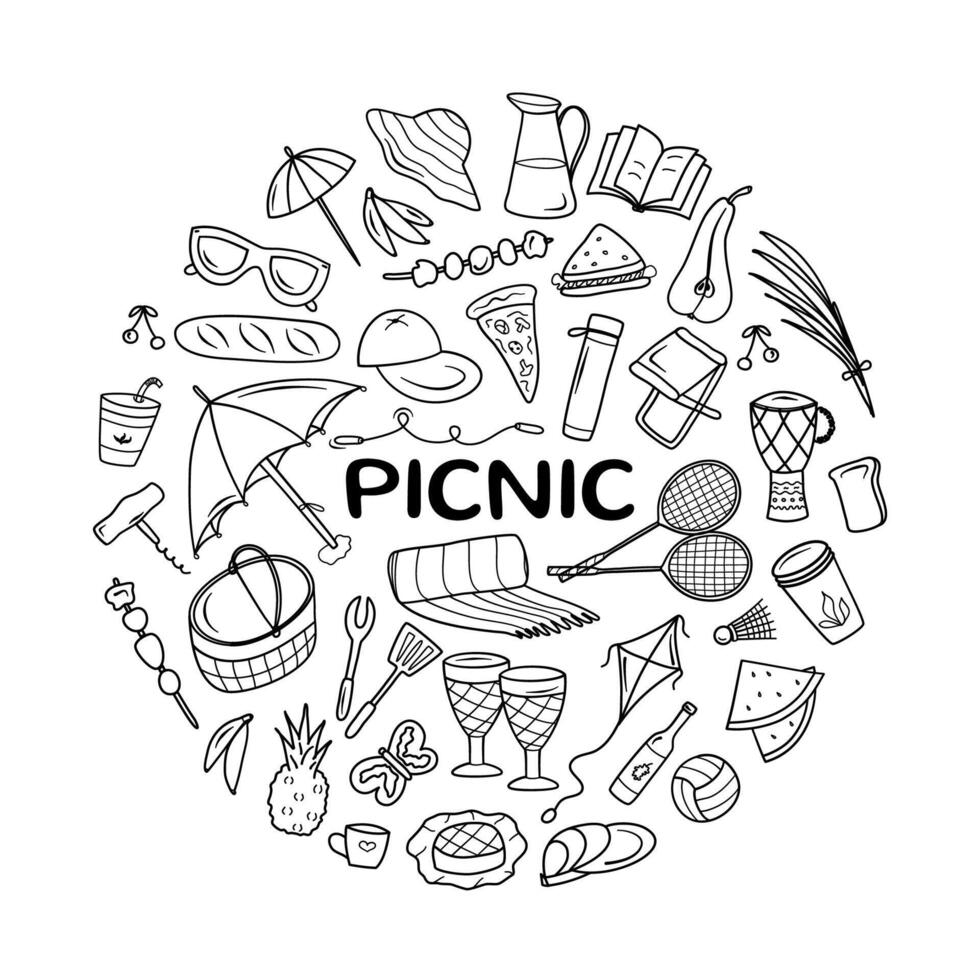 Doodle picnic set. Vector elements of barbecue, relax time, hiking, sport. Round composition