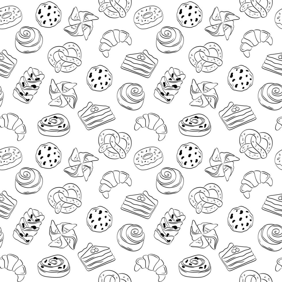 Seamless pattern hand drawn black outline pastry bakery on white background. Vector illustration
