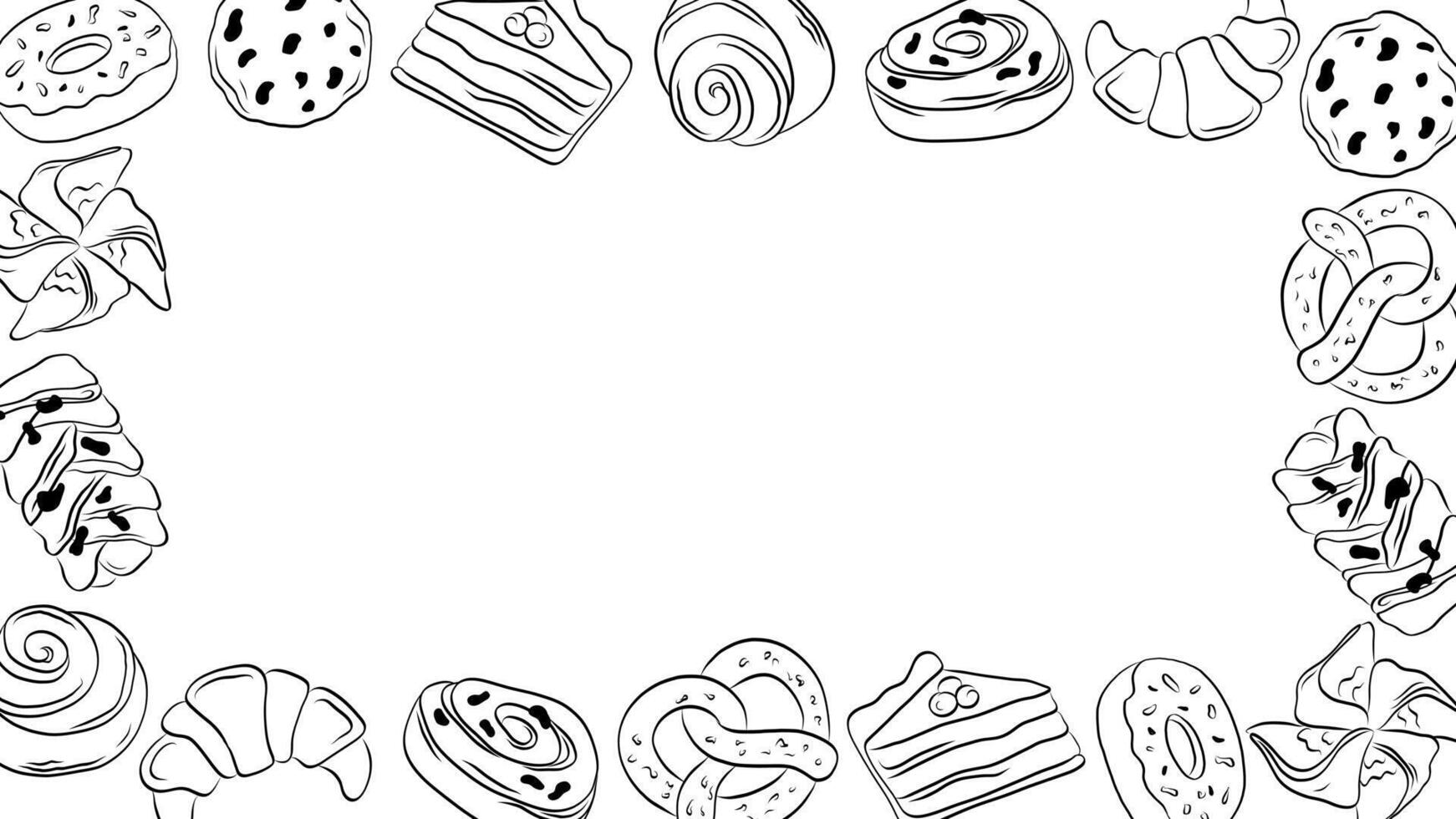tarjeta modelo con mano dibujado contorno Pastelería panadería en blanco antecedentes. vector ilustración