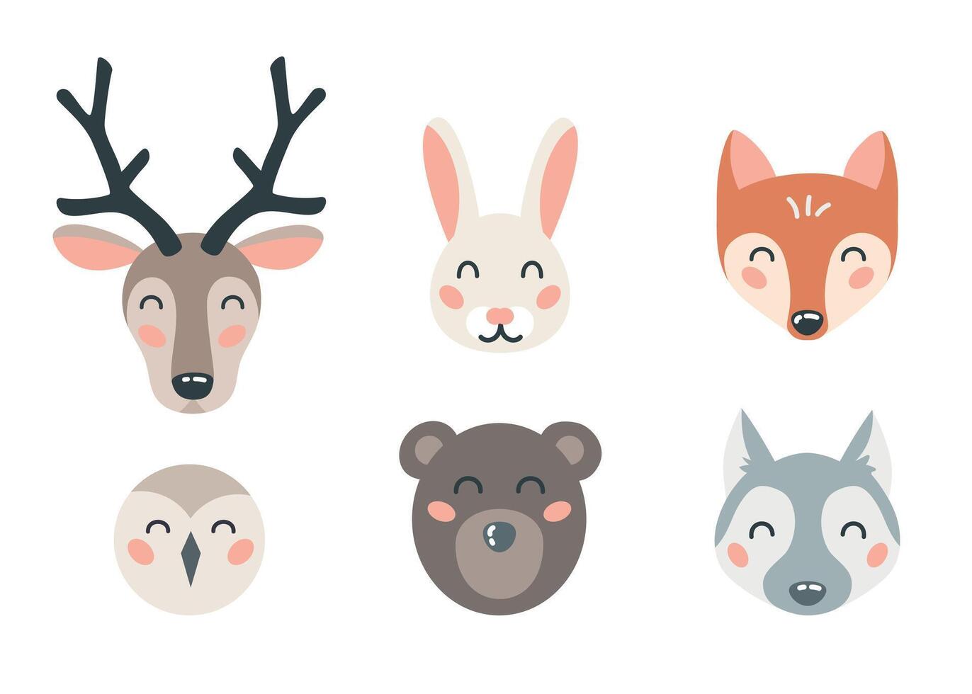 Cute forest animal faces set on isolated white background. Cartoon flat design element for nursery, decoration, card. Vector illustration