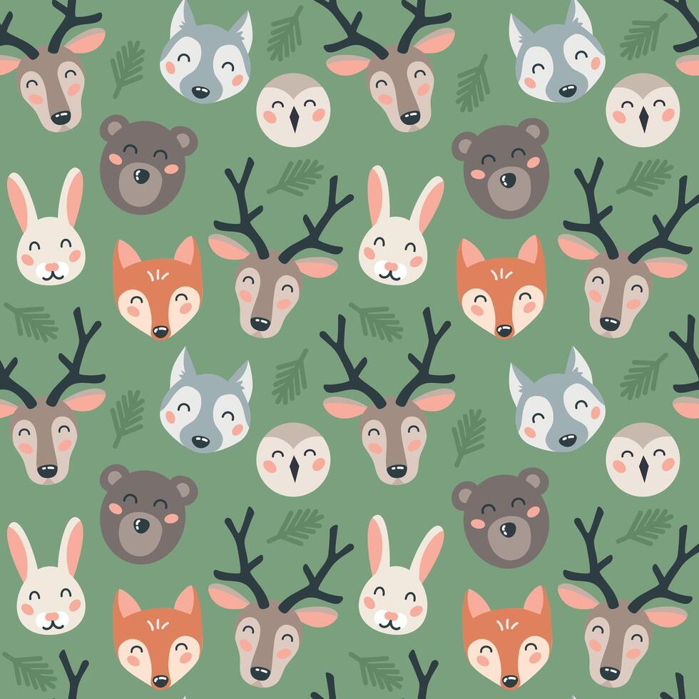 Seamless pattern with cute forest animal head on green background. Cartoon flat design for nursery, print, textile. Vector illustration