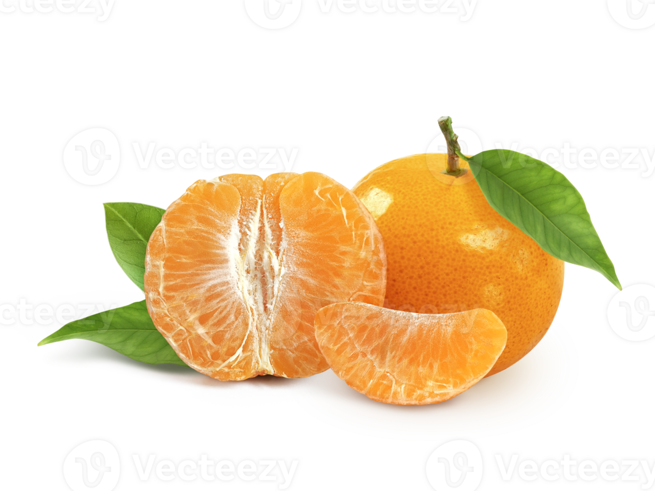 tangerine or mandarin fruit with leaves, transparent background png