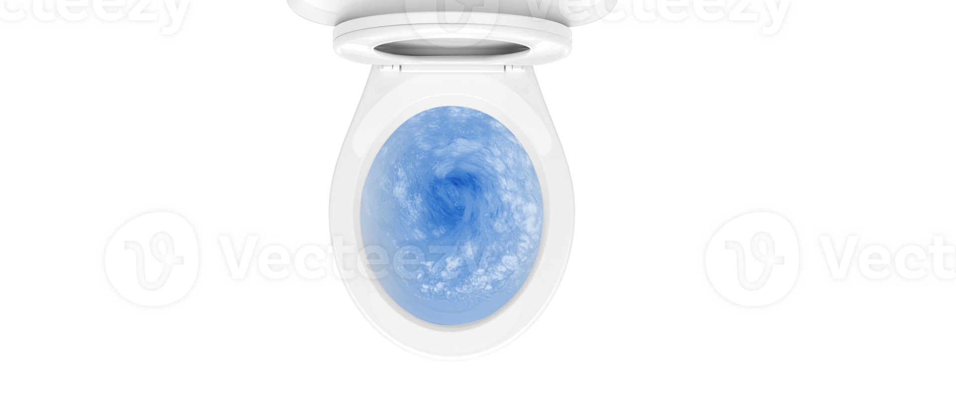 Top view of toilet bowl, blue detergent flushing in it, transparent background png