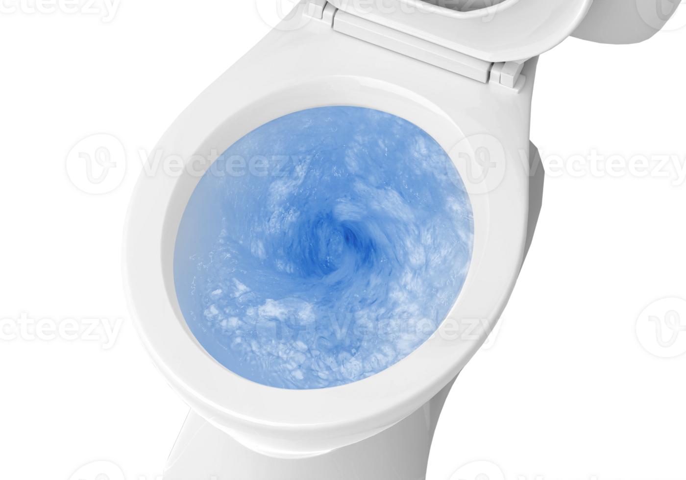 Top view of toilet bowl, blue detergent flushing in it, transparent background png