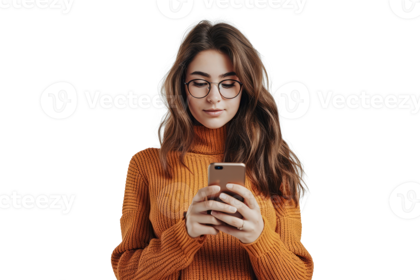 AI generated Woman using smartphone isolated png