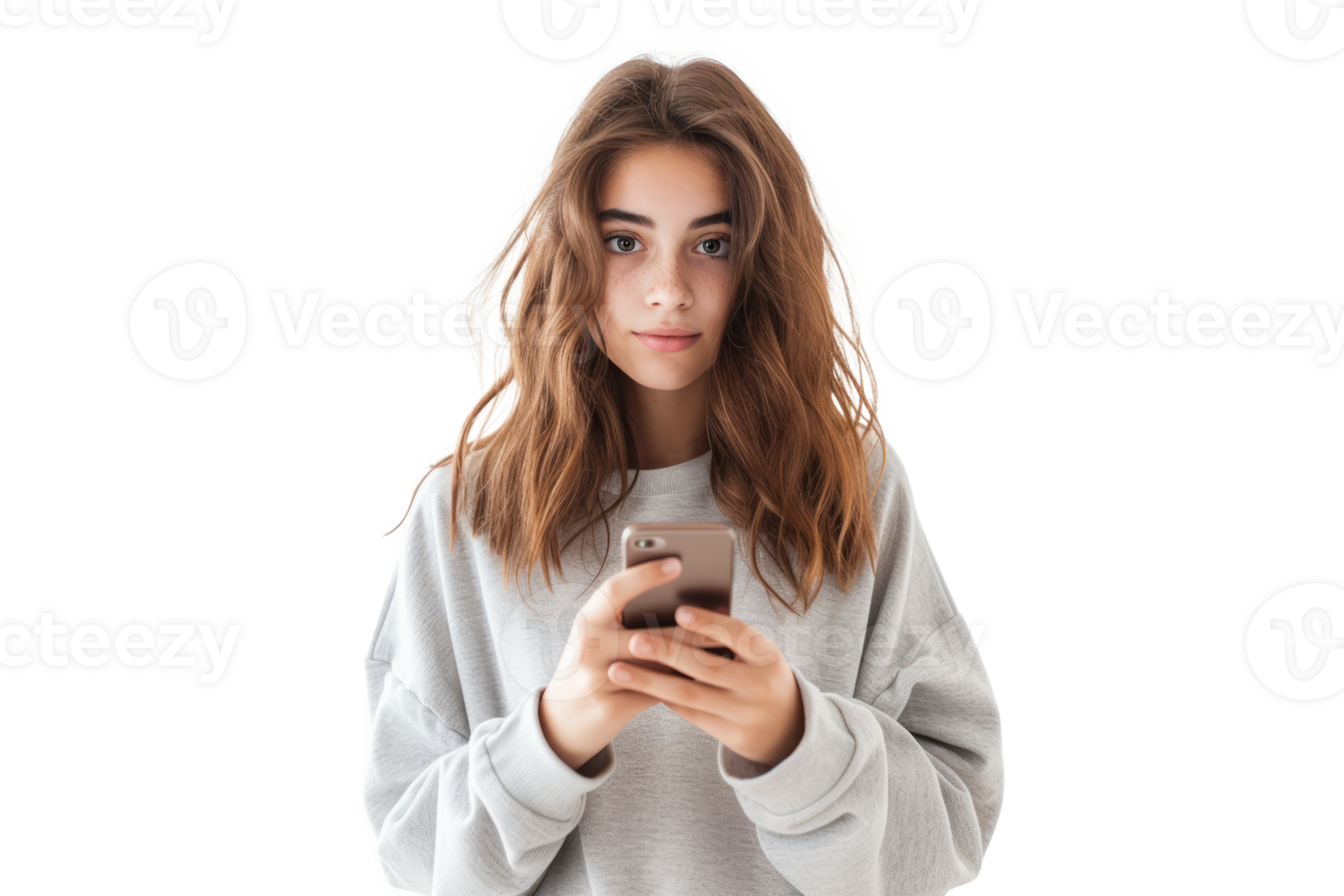 AI generated Woman using smartphone isolated png