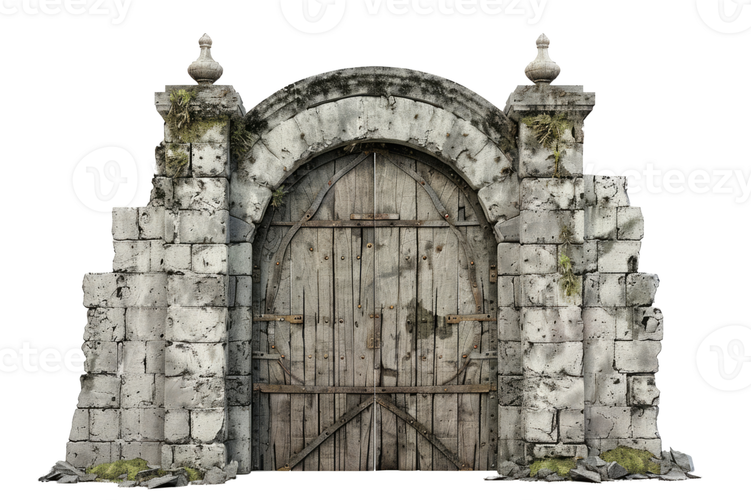 AI generated Medieval Stone Gate With Iron-Reinforced Wooden Doors Isolated png