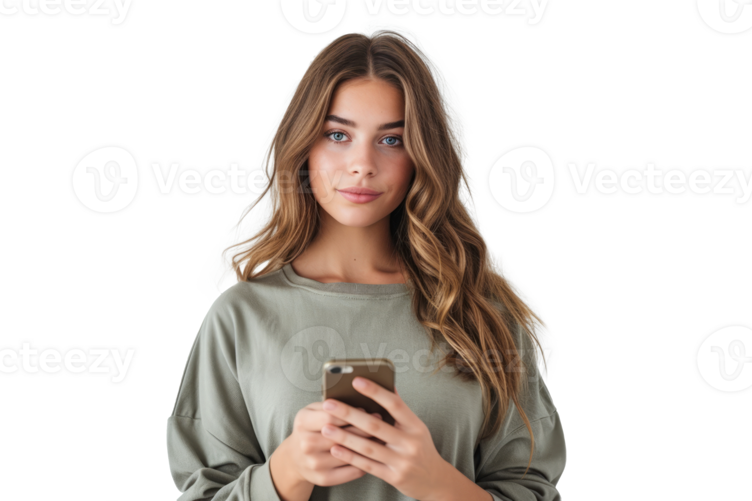 AI generated Woman using smartphone isolated png