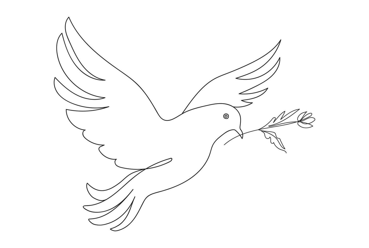 Continuous one line drawing of a pigeon in flight with a branch. Dove of peace. Line art. Concept of freedom, hope. White backdrop. Design element for print, postcard, scrapbooking, coloring book. vector