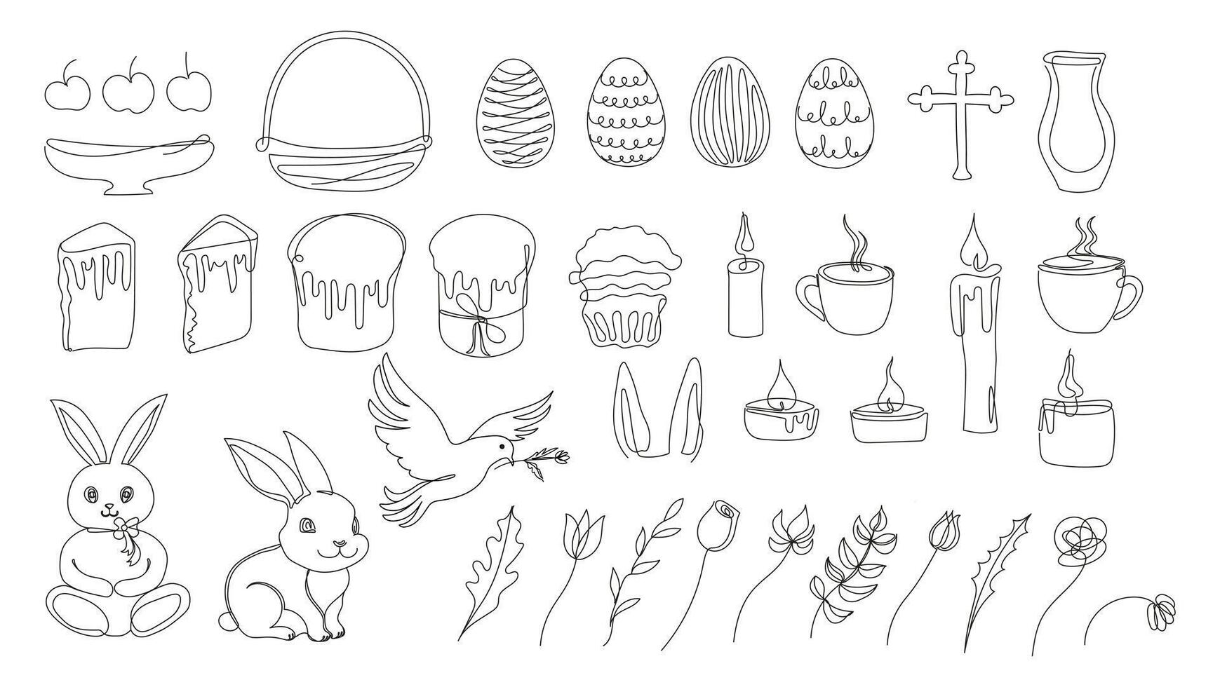 Easter Set in continuous one line style with design elements like bunny, eggs, dove, candles, cross, Easter cakes, mugs, flowers. Black vector on white. Clipart. For greeting card, textile, print.