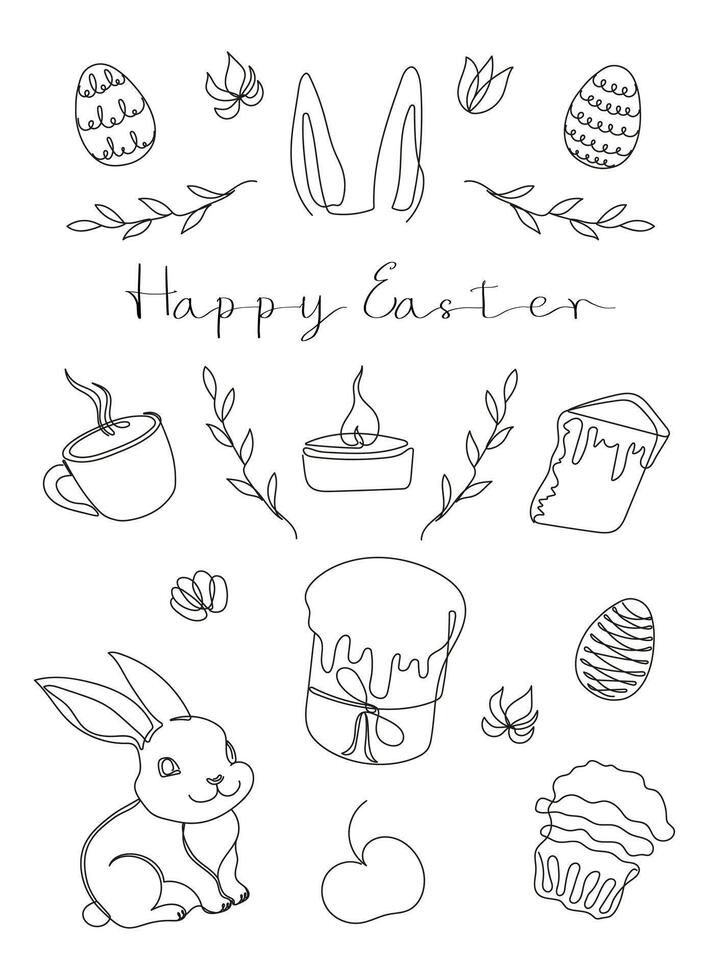 Easter Set in continuous one line style with design elements like bunny, eggs, dove, candle, cross, Easter cake, mug, flowers. Black Vector on white. Clipart. Easter card with Happy Easter greeting