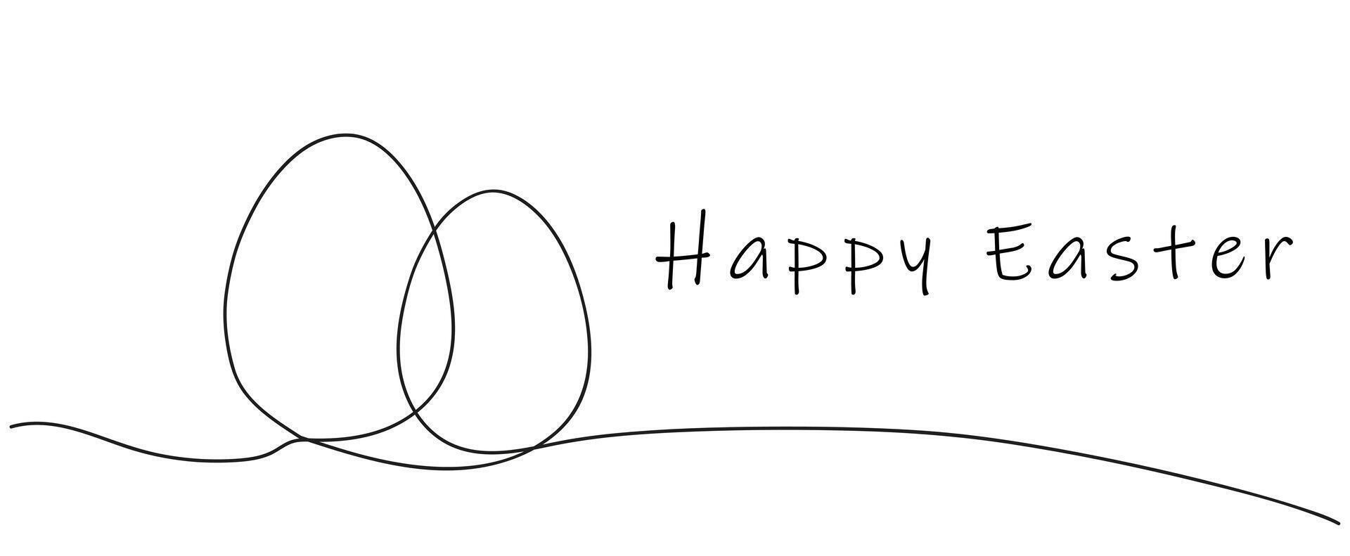 Line drawing of Easter eggs with greeting Happy Easter. Continuous one line drawing. Black and white illustration isolated on white backdrop. Perfect for print, greeting, postcard. vector