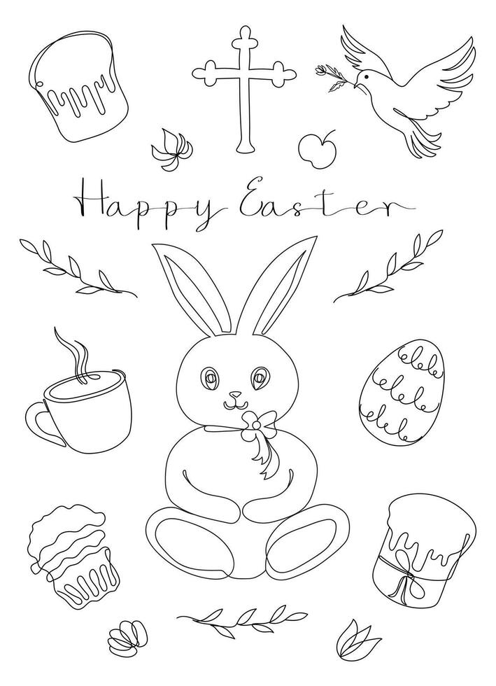 Easter Set in continuous one line style with design elements like bunny, eggs, dove, candle, cross, Easter cake, mug, flowers. Black and white vector. Clipart. Easter card with Happy Easter greeting vector