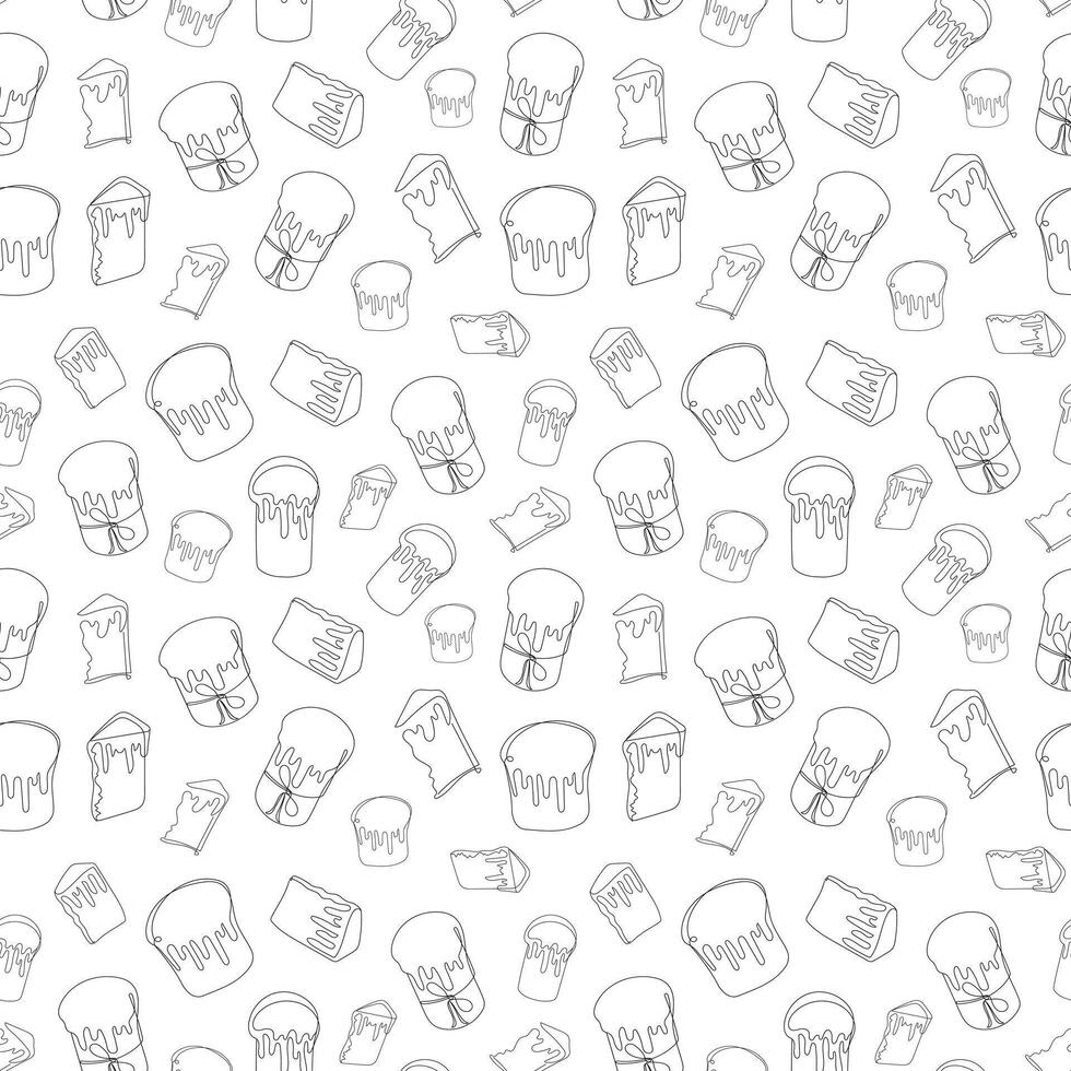 Seamless pattern of Easter Kulich cakes with icing. Continuous one line drawing. Traditional Ukrainian Easter cupcakes. Black and white vector isolated on white. For print, textile, wrapping paper
