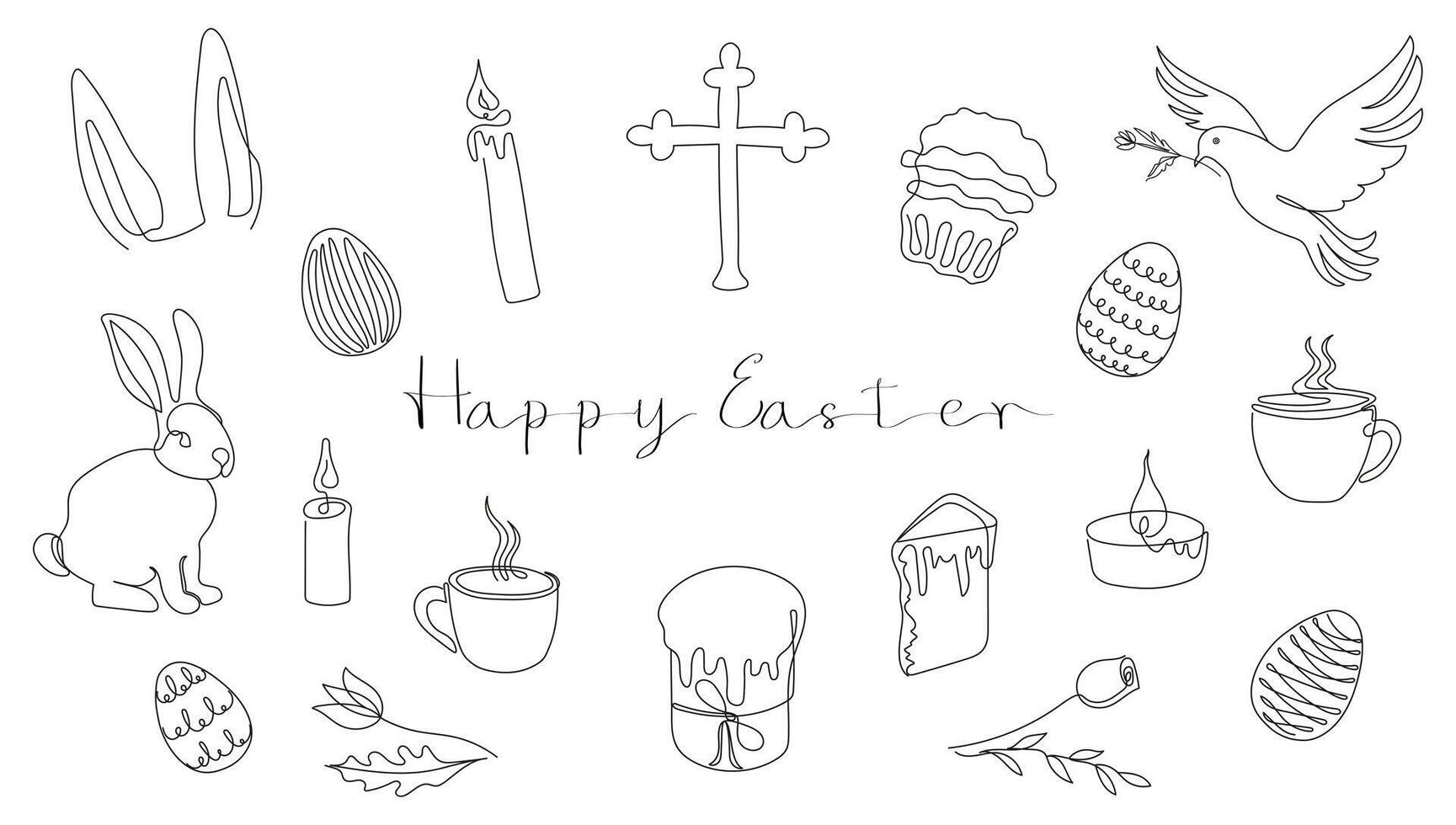 Easter Set in continuous one line style with design elements like bunny, eggs, dove, candles, cross, Easter cakes, steaming mugs, flowers. Black and white Vector isolated on white. Clipart.