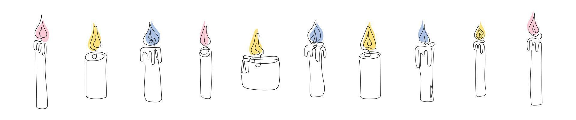 Set of colorful wax candles with flames. Burning decorative aroma candles. Continuous one line drawing. Line art. Isolated on white backdrop. Design elements for print, greeting, postcard vector