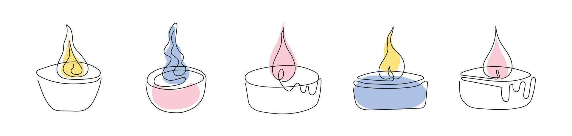 conjunto de vistoso té ligero velas con llamas ardiente aromático velas continuo uno línea dibujo. línea Arte. aislado en blanco fondo. diseño elemento para imprimir, saludo, tarjeta postal, álbum de recortes vector