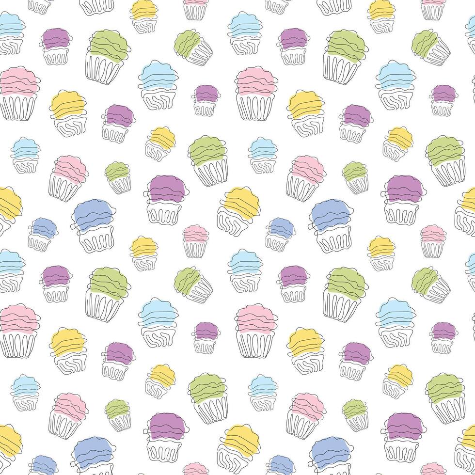 Seamless pattern of colorful cupcakes in style of continuous one line drawing. Simple line art of muffins with wavy frosting. Vector isolated on white. For decoration, print, textile, wrapping paper