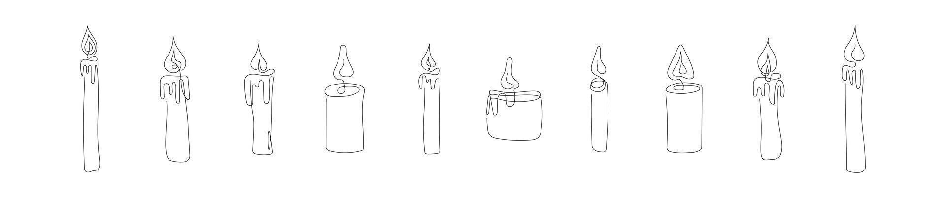 Set of wax candles with flames. Burning decorative aroma candles. Continuous one line drawing. Line art. Isolated on white backdrop. Design elements for print, greeting, postcard. Black and white. vector