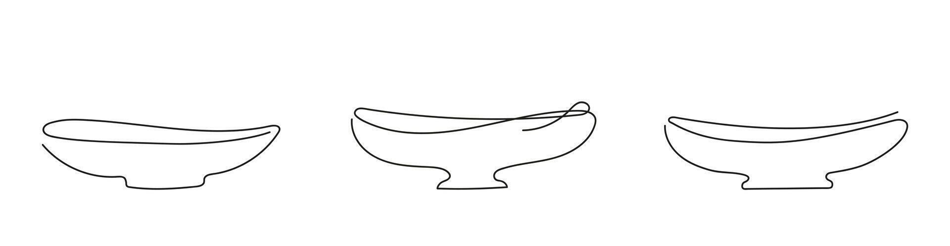 Set of bowls in line art style. Continuous one line drawing. Empty plates. Isolated on white backdrop. Design elements for print, greeting, postcard, scrapbooking. Concept of minimalism, dish, platter vector