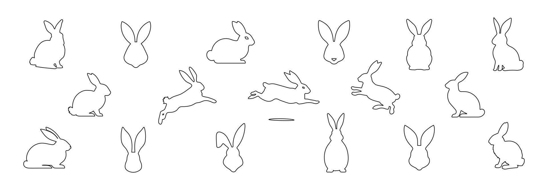 Set of rabbits in outline. Easter bunnies. Isolated on a white backdrop. Simple black icons of hares. Cute animals. Suitable for logo, emblem, pictogram, print, greeting card. Design elements. vector