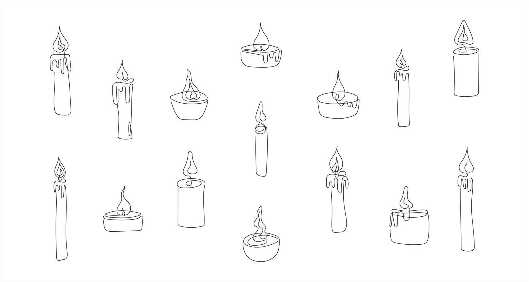 conjunto de varios velas con llamas en línea Arte estilo. ardiente decorativo velas continuo uno línea dibujo. aislado en blanco fondo. diseño elemento para imprimir, saludo, tarjeta postal, scrapbooking vector