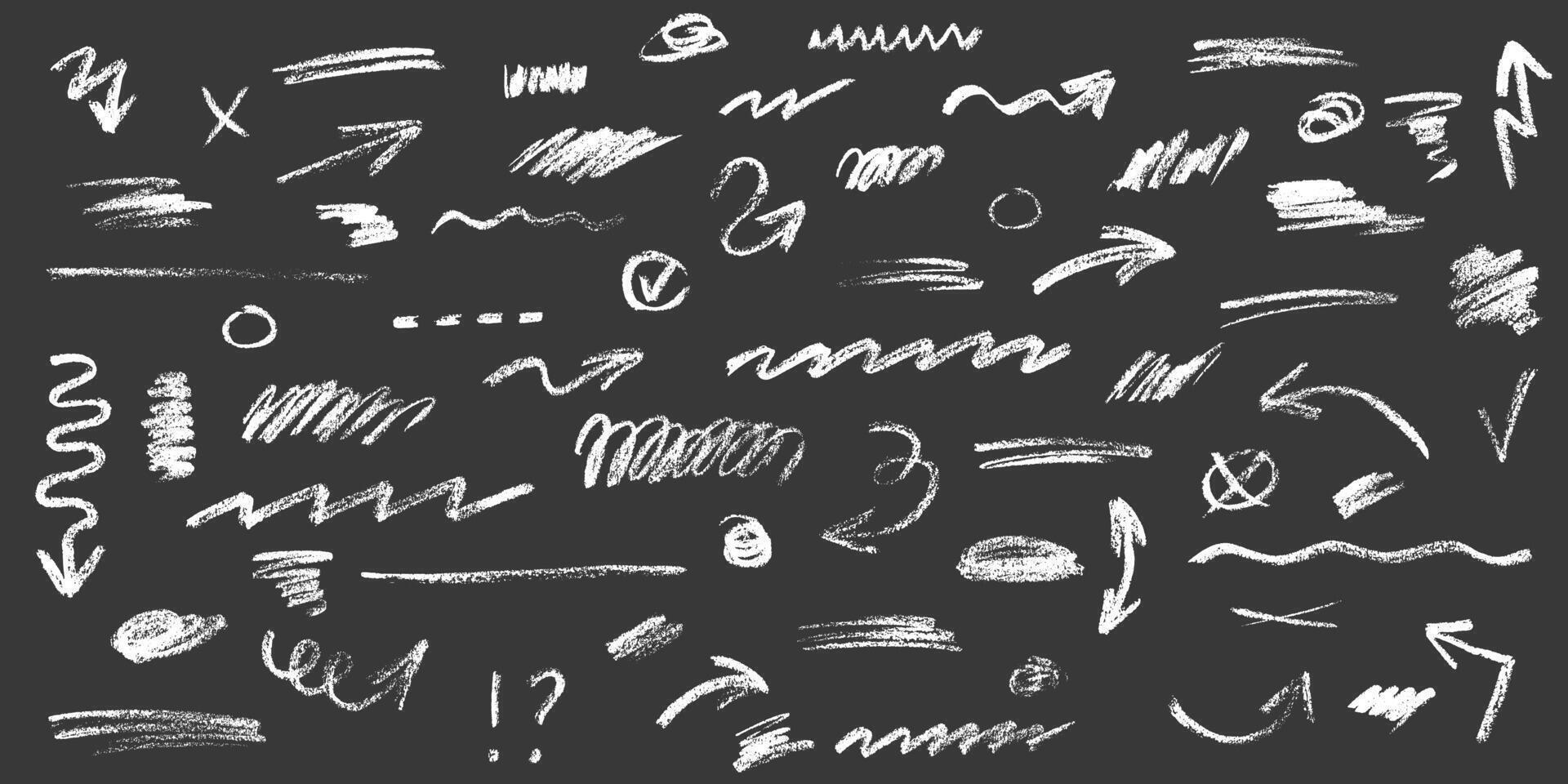 Hand drawn Charcoal scribbles set. Doodle curved lines, underline, smears, pointers and arrows. Vector chalk elements isolated on dark background