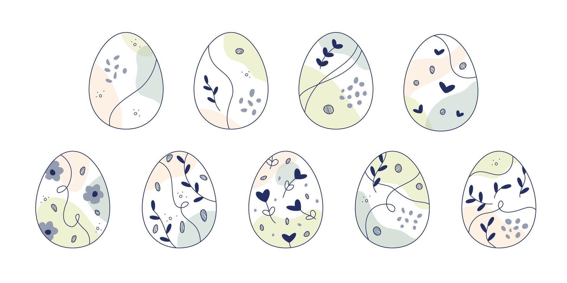 Abstract Doodle Easter eggs set. Vector flat Boho style illustration. Design for greeting card, pattern, invitation. Isolated elements on white background