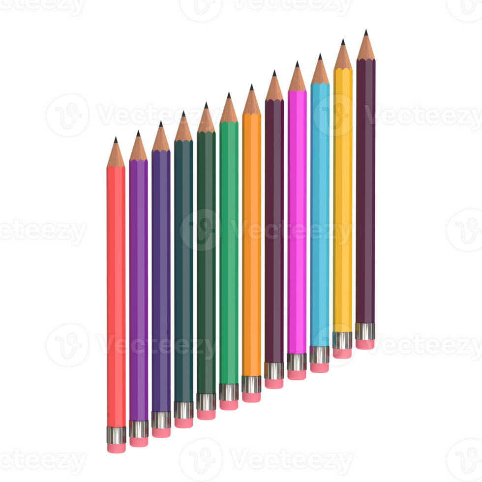 Realistic 3D pencils set in various colors, stationary design element png