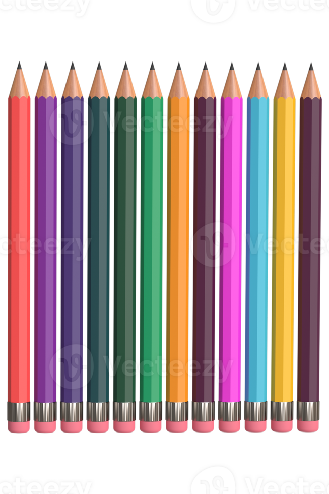 Realistic 3D pencils set in various colors, stationary design element png