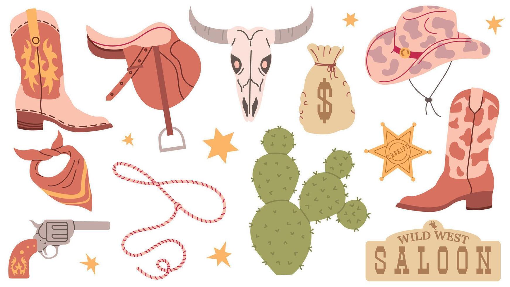 Wild west set, Flat design set with cowboy hat boots handgun cactus lasso saloon signboard cow skull saddle money vector