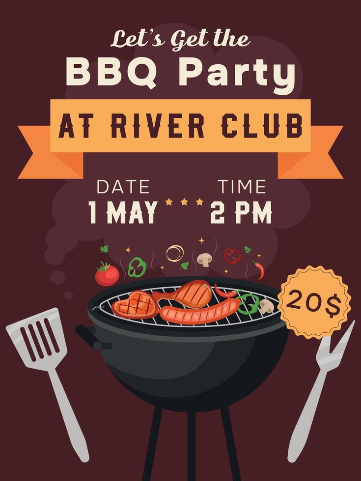 BBQ Party Poster with grill, vegetables and meat vector