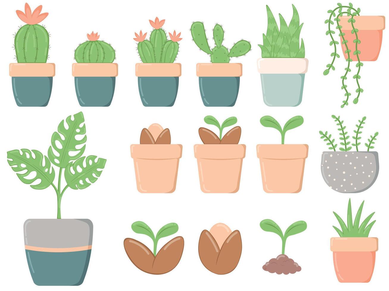 Spring set of green plants in flower pots, vector illustration free