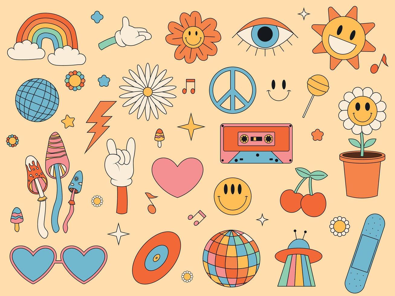 Groovy Set Hippie 70s. Cartoon Flower Rainbow Peace Love Heart Daisy Mushroom etc. Sticker Pack in Trendy Retro Style. Free Vector