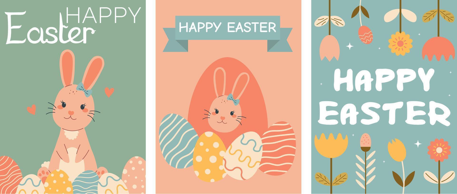 Cute Easter cards set. Spring collection of animals, flowers and decorations. Poster and Card vector