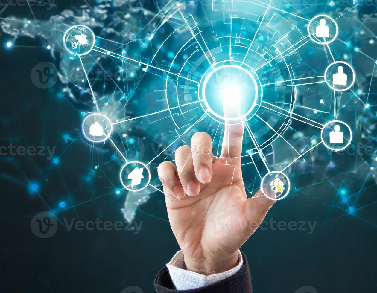 hand pressing button with contact on virtual screens as concept touchscreen photo